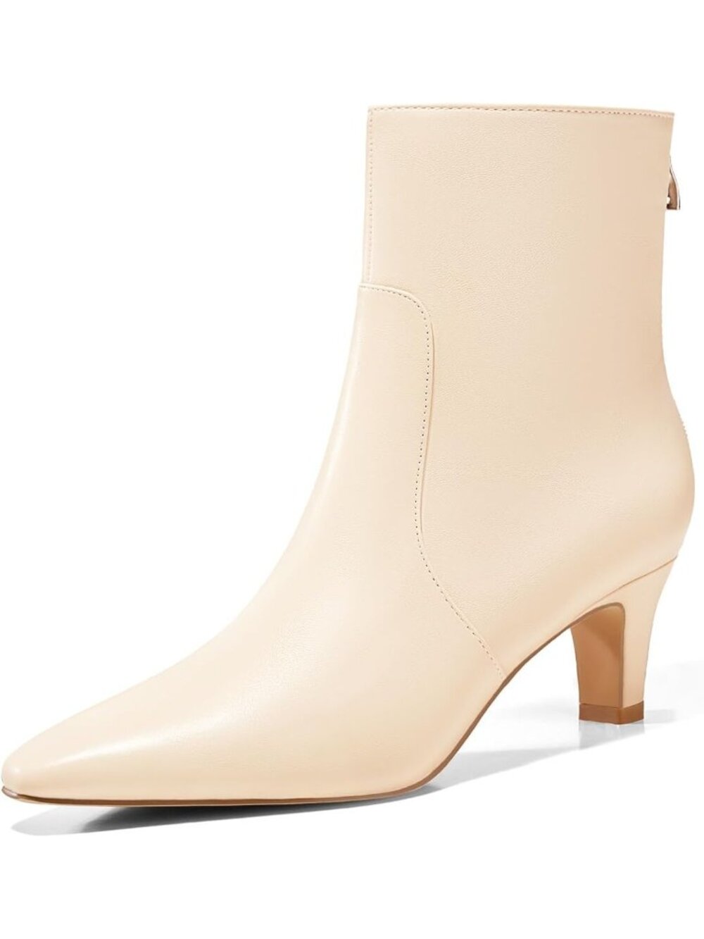 Women's Beige Square Pointed Toe Zipper Low Kitten Heel Short Ankle Booties - Picture 3 of 5